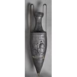 A black painted papier mache replica of a classical amphora, early 20th c, steel handles, 94mm h and