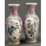 A pair of Chinese pink ground famille rose vases, 20th c, 30.5cm h Good condition
