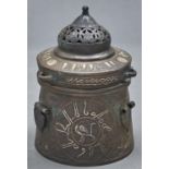 A Persian inlaid bronze tapered cylindrical inkwell and cover, the top with pierced domed centre