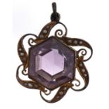 An amethyst and seed pearl pendant, c1900, in gold marked 9ct, 4g Dirty, good condition