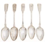 Five silver tablespoons, George IV-early Victorian, Fiddle pattern, by various makers, 11ozs