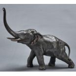 A Japanese bronze  sculpture of an elephant, Meiji period, even black patina, tusks and ears russet,