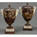 A pair of Wedgwood variegated ware vases, of solid agate with 'white terracotta' stoneware satyr