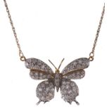 A gem set two colour gold butterfly pendant, on integral gold necklet, indistinctly marked, 5.4g