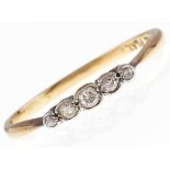 A five stone diamond ring, gold hoop, marked FINE PLAT, 1.6g, size P Wear consistent with age