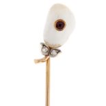 A gold stickpin, with ruby, diamond and baroque pearl terminal, c1900, terminal 16mm, unmarked, 1.8g