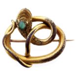 A Victorian giltmetal snake brooch, the head set with chrysoprase