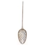 A George III silver mote spoon, c1760, 12.4cm l, maker's mark only, W T in script, struck twice,