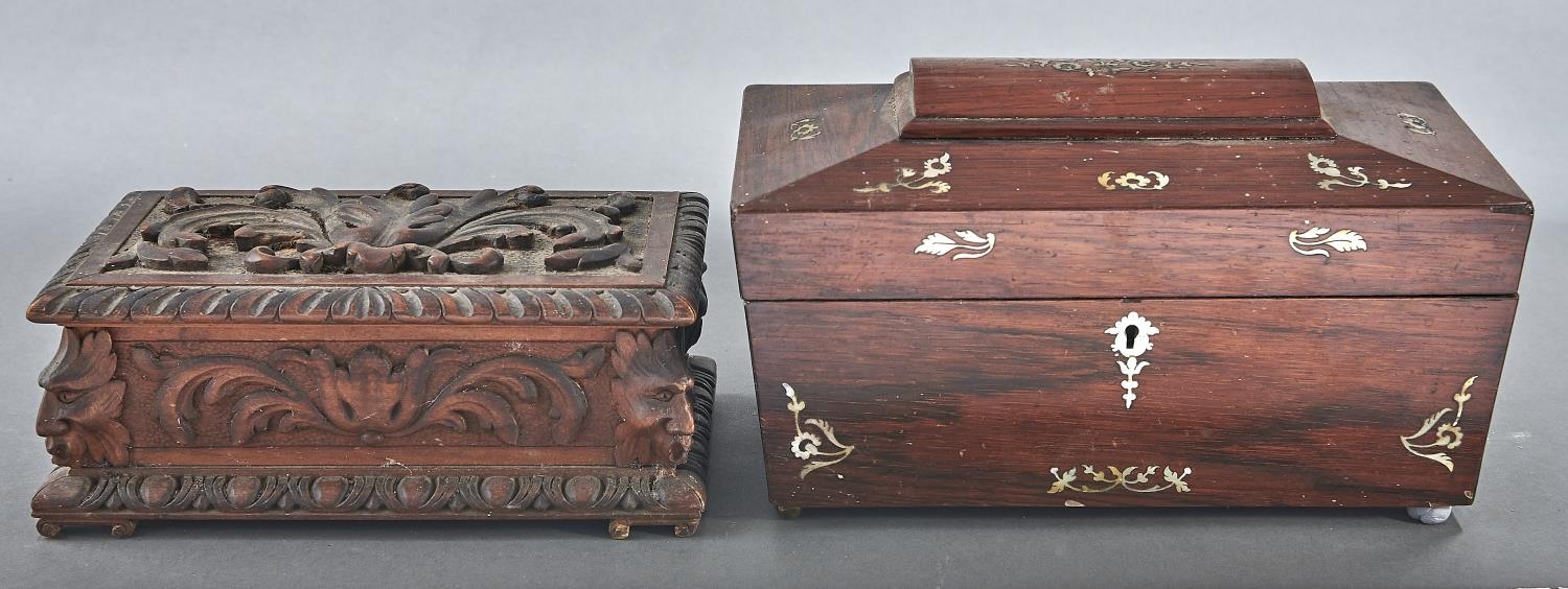 An early Victorian rosewood and mother of pearl inlaid tea caddy, of sarcophagus shape with fitted