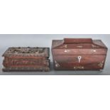 An early Victorian rosewood and mother of pearl inlaid tea caddy, of sarcophagus shape with fitted
