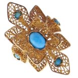 A turquoise ring, in gold filigree with wirework hoop, unmarked, 5.4g, size K Good condition