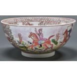 A South East Asian famille rose style bowl, 20th c, decorated with Europeans hunting, 25.5cm diam