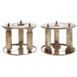 A pair of EPNS triple column cake stands, early 20th c, wood boxes Stands in good condition, boxes