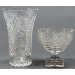 A cut glass bowl on square foot, in Regency style, early 20th c, 20cm h and a larger cut glass