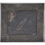 Frank Lutiger. An Arts and Crafts oxidised copper repoussé plaque of the "shamrock", Royal Ulster