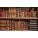 Bindings. Two shelves of books, mainly 18th and 19th c calf bound works, including several sets,