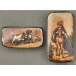 Two Victorian papier mache snuff boxes, c1840, the lid printed and painted with a risque scene of