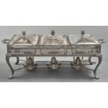 An EPNS  warming stand,  containing three glass dishes and covers, 20th c, 52cm l Good condition