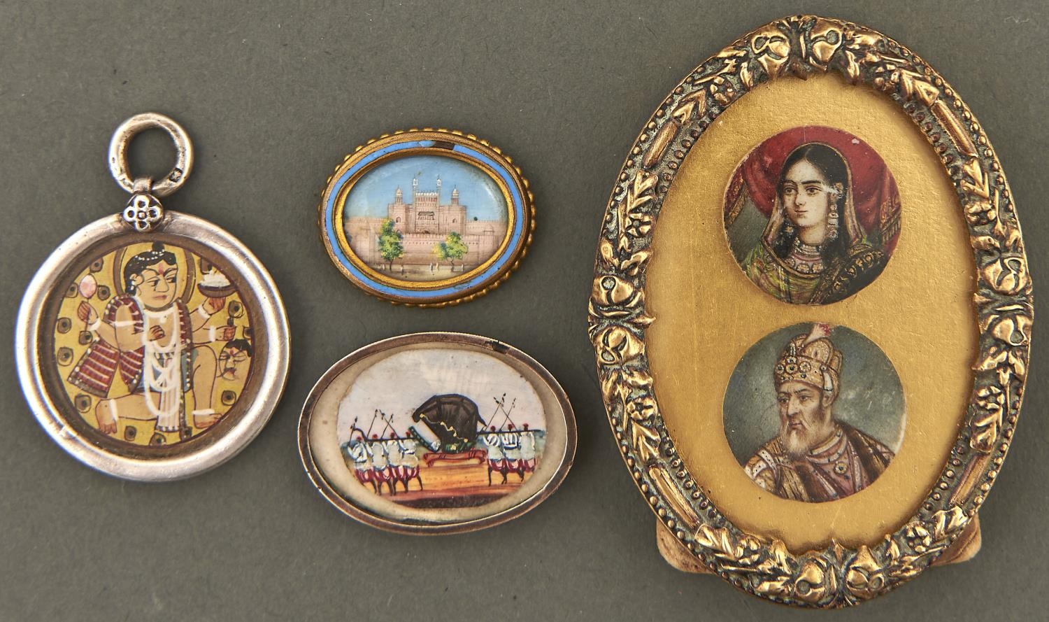 Delhi School, 19th century - Four miniatures of Indian monuments and rulers,  ivory, round and oval,