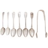 Four George IV silver teaspoons, Fiddle pattern, marks rubbed, London 1822, a further pair of