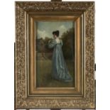 John McColvin (1864-1920) - The Blue Dress, signed (in red), oil on panel, 37 x 22cm Original