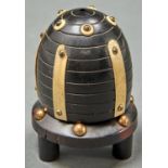 A Victorian turned ebony bee skep shaped thread box, mid 19th c, with gilt brass studded ivory