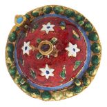 An Asian gem set gold and enamel ring, 11g, size M½ Enamel damaged