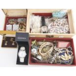 Miscellaneous costume jewellery, early 20th c and later, wristwatches, etc, in a cream leatherette