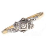 A three stone diamond ring, in gold marked 18ct & PLAT, 3.1g, size R Good condition
