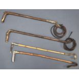 Two antler handled bamboo riding whips and two others, all late 19th/early 20th c,  one by