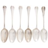 Six George II/III silver tablespoons, marks rubbed, London 1756 and circa, 7ozs Somewhat unevenly