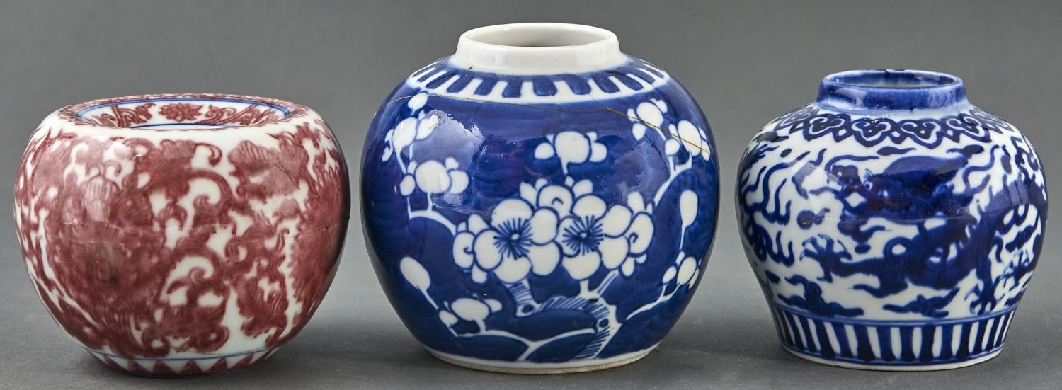 A Chinese blue and white and underglaze red jar and two blue and white jars, the first 70mm h,