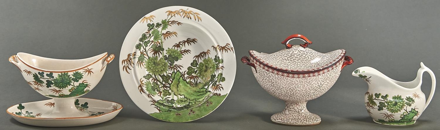 Two Spode creamware sauce tureens, early 19th c, patterns 1504 and 1665, one with cover, 11 and 14cm