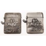 Two silver vesta cases, early 20th c, die stamped with a horse race, 48mm, marked STERLING, 1oz