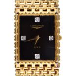 A Longines gold plated gentleman's wristwatch, with rectangular black dial and quartz movement, 24 x