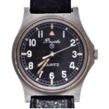 A Precista stainless steel British military issue wristwatch,  quartz movement, black dial with