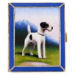 A giltmetal and enamel lady's cigarette case, c1930, the lid painted with a terrier, in blue