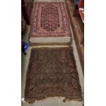 An antique prayer rug, 90 x 104cm, another rug and a fender (3) Prayer rug very worn and incomplete