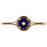 A pearl and gold and blue enamel bar brooch, early 20th c, 4.3g Good condition; adapted from another