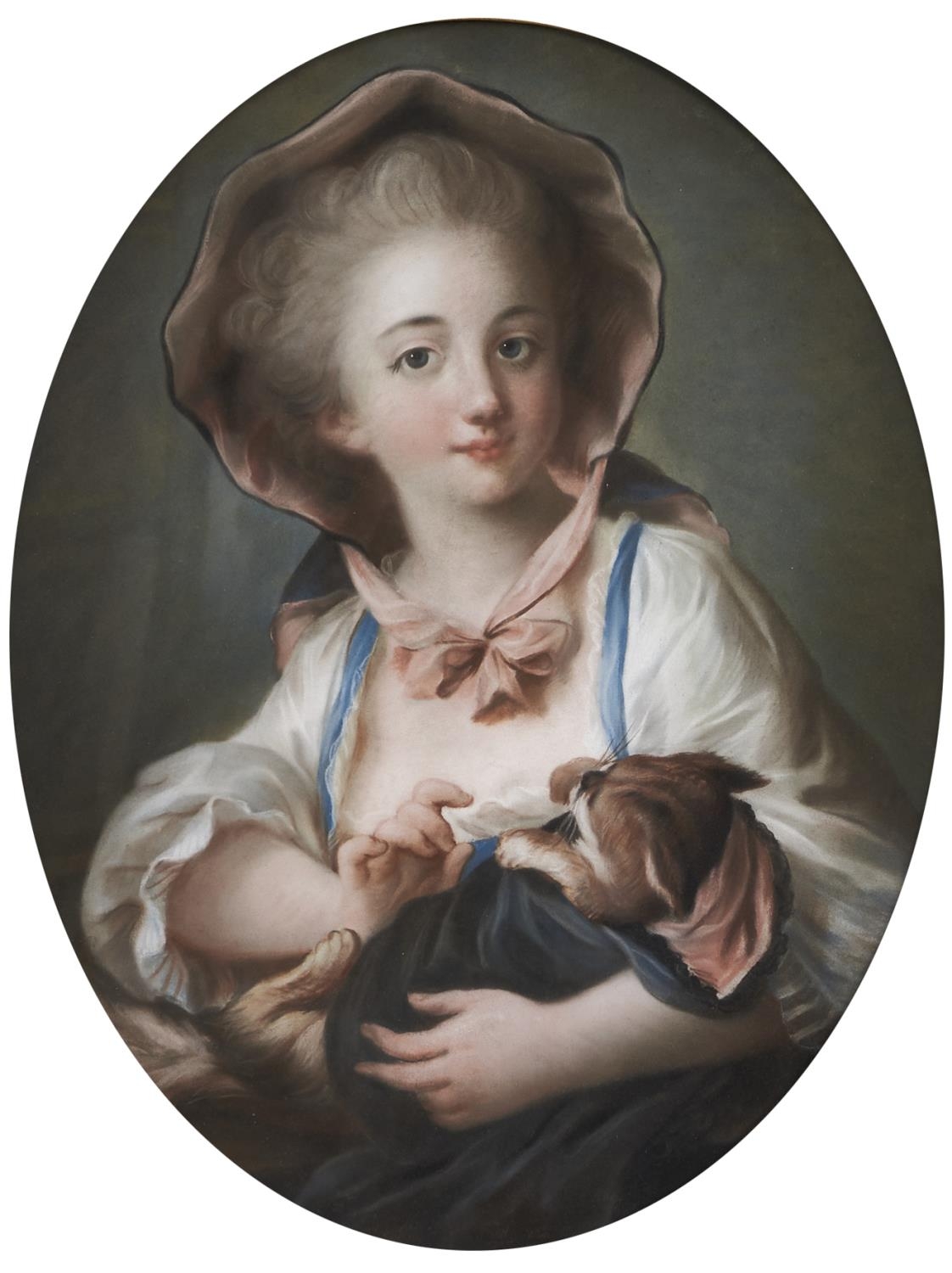 After Francois Hubert Drouais - A Boy with a Sketchbook; A Girl with a Kitten, a pair, pastel, oval,