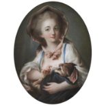 After Francois Hubert Drouais - A Boy with a Sketchbook; A Girl with a Kitten, a pair, pastel, oval,
