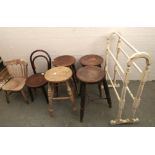 Four late 19th c circular topped stools, on turned legs joined by stretchers; a bentwood child's