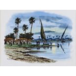 20th c School - River Scene by Moonlight, Egypt; Sandstorm in the Desert, Egypt, a pair, both signed