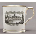 An English porcelain mug, mid 19th c, transfer printed with views of WORCESTER FROM N.W. and THE