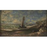 David Payne (1843-1894) - Coastal Scene with Fisherman's Cottage, signed, oil on panel, 16 x 28cm