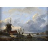 Dutch School, 19th c - Winter Landscape with Skaters on a River by a Windmill, oil on panel, 25.5