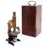 A brass compound microscope, E Leitz Wetzlar, No 93684, c1900, focusing by rack work with fine