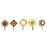 Five Victorian and Edwardian gold stickpins, the terminals variously gem set,  2g An attractive