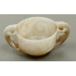 A Chinese jade libation cup, 20th c, carved with chilong handles, 11.5cm over handles Good