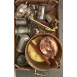 A Victorian copper kettle, brass jam pan, pewter mugs, EPNS sauceboats, etc Mostly in good